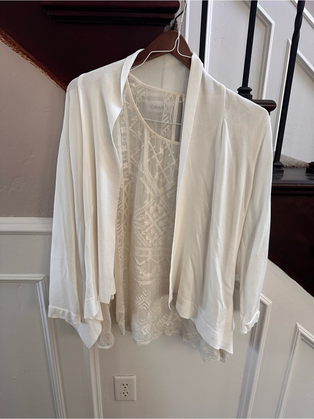 Calvin Klein Cream Open-Front Draped Cardigan, paired with lace top